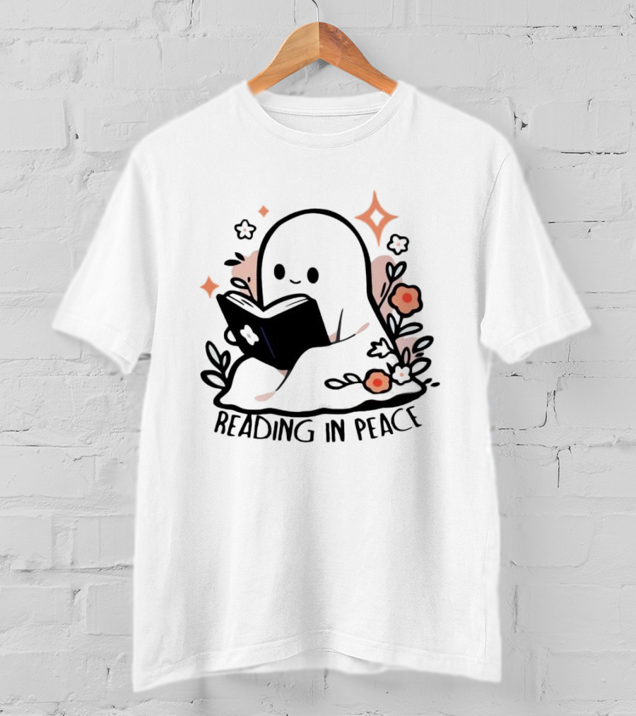 Reading In Peace Halloween Ghost Surrounded By Flowers T-Shirt