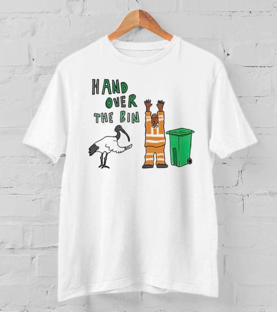 Hand Over The Bin Garbage Collector And Bird Cartoon Scene T-Shirt