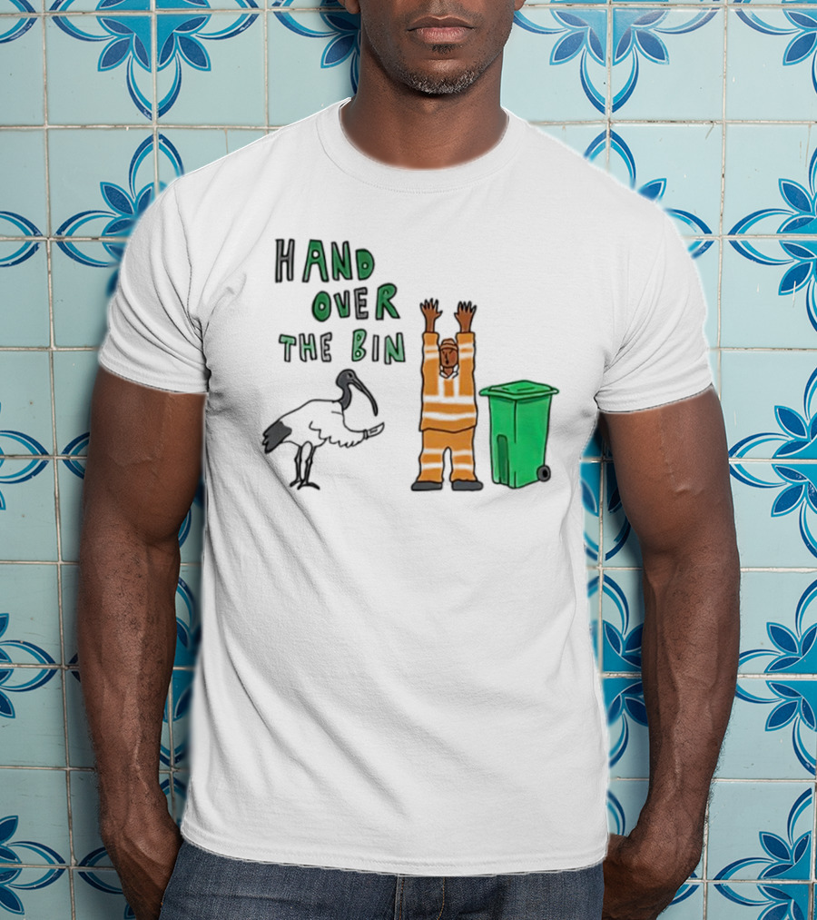 Hand Over The Bin Garbage Collector And Bird Cartoon Scene T-Shirt