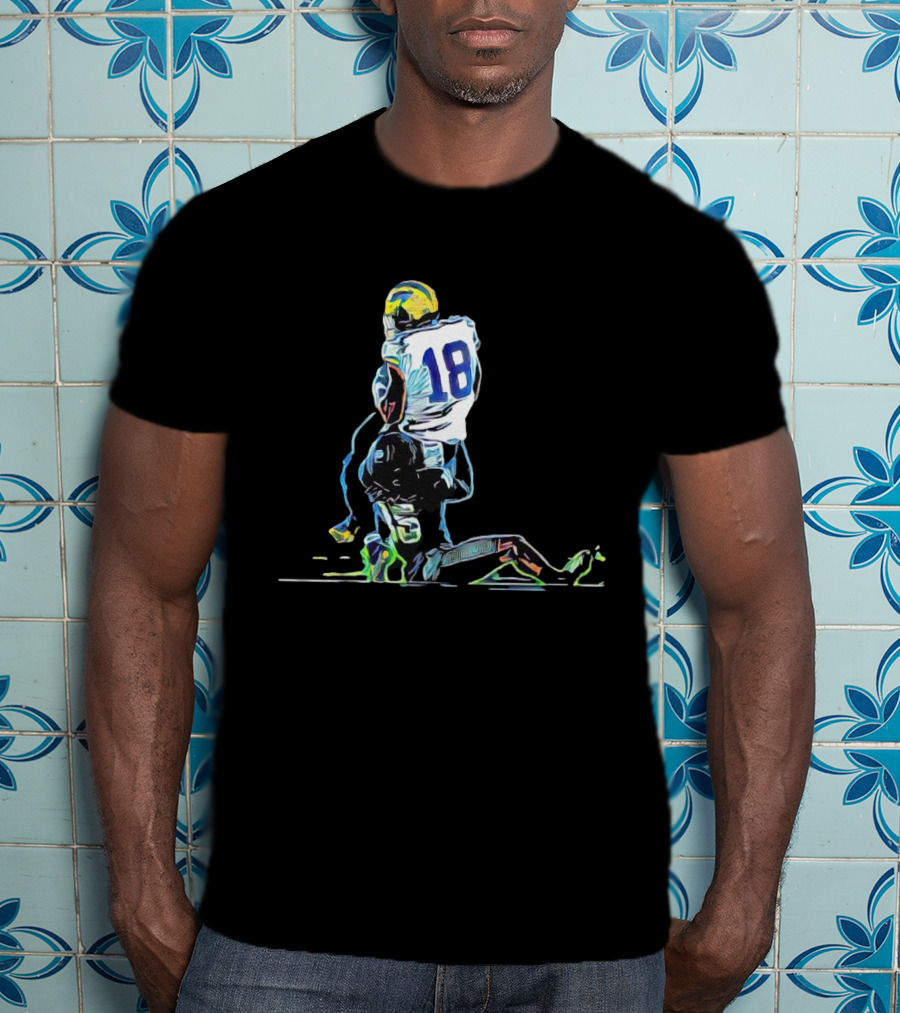 Michigan Wolverines Colston Loveland 18 Neon Football Sketch T-Shirt