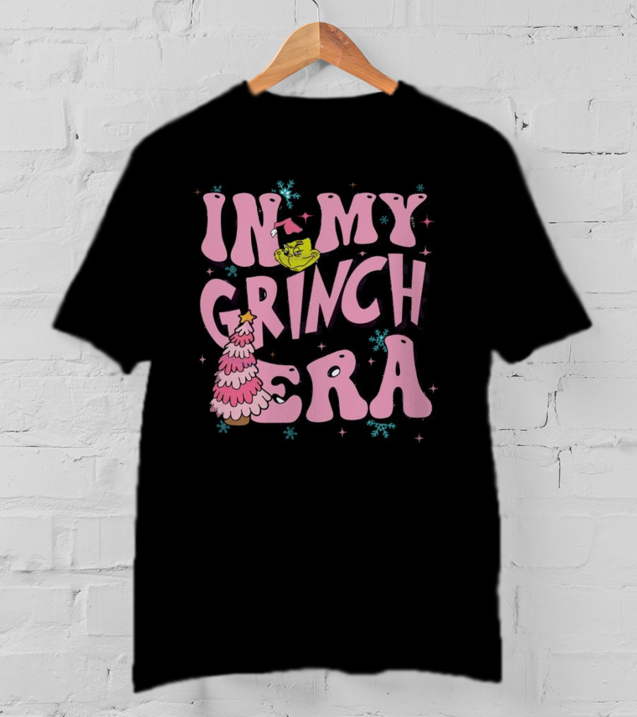 In My Grinch Era Pink Christmas Tree With Green Face And Santa Hat T-Shirt