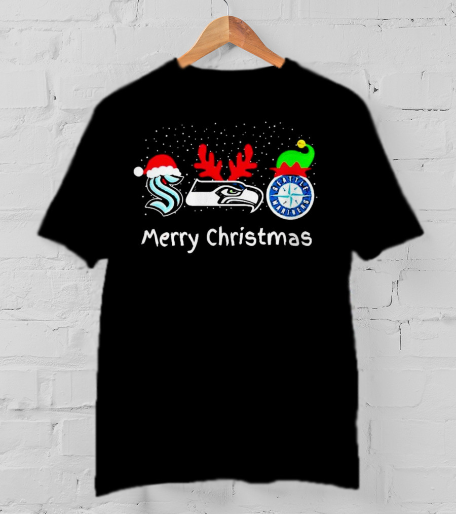Seattle Kraken Seahawks Mariners Santa Reindeer Elf Merry Christmas T-Shirt