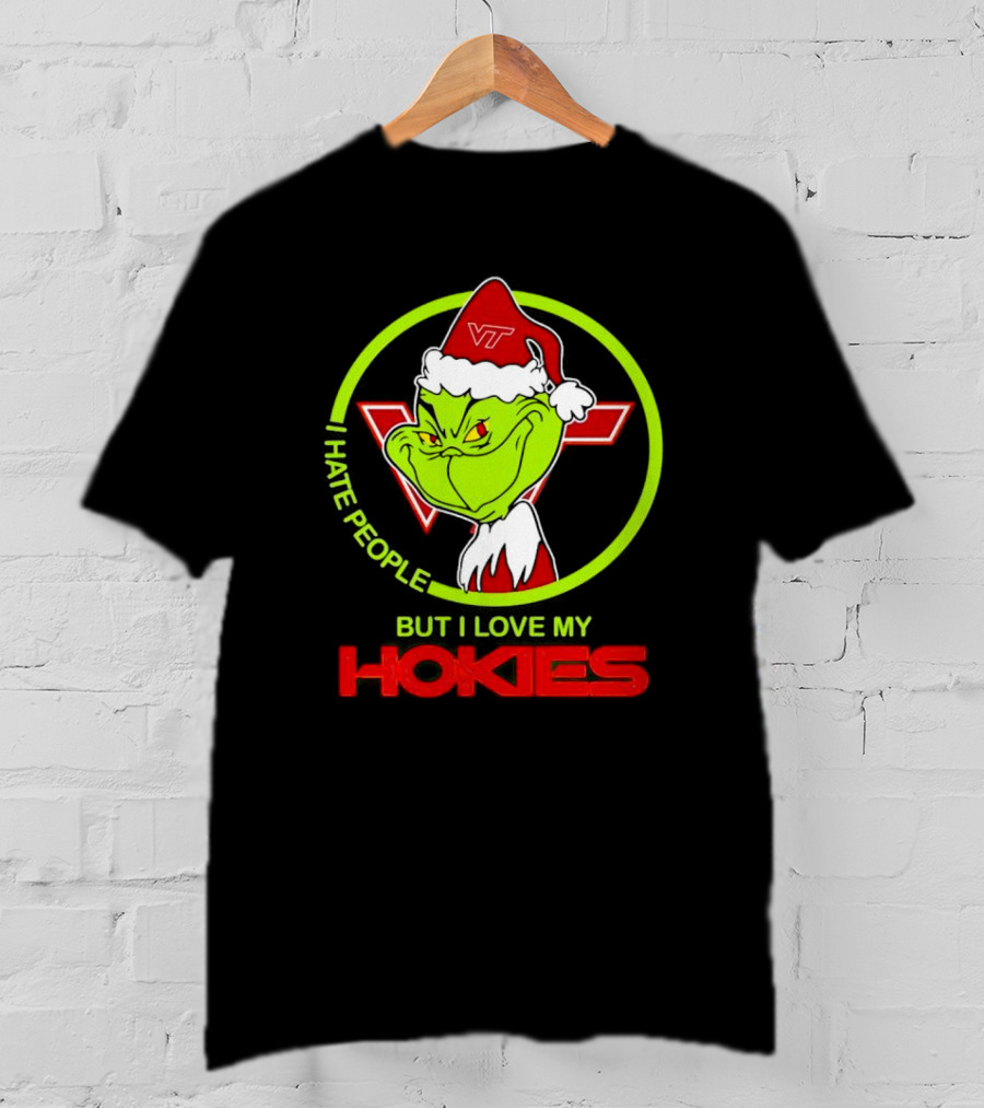I Hate People Grinch Loves Hokies Christmas VT Santa Hat T-Shirt