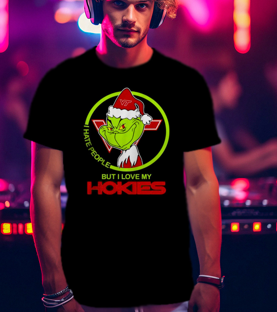 I Hate People Grinch Loves Hokies Christmas VT Santa Hat T-Shirt
