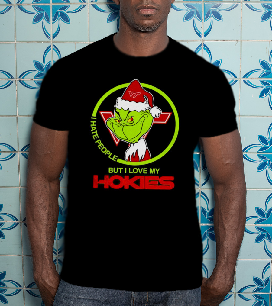 I Hate People Grinch Loves Hokies Christmas VT Santa Hat T-Shirt