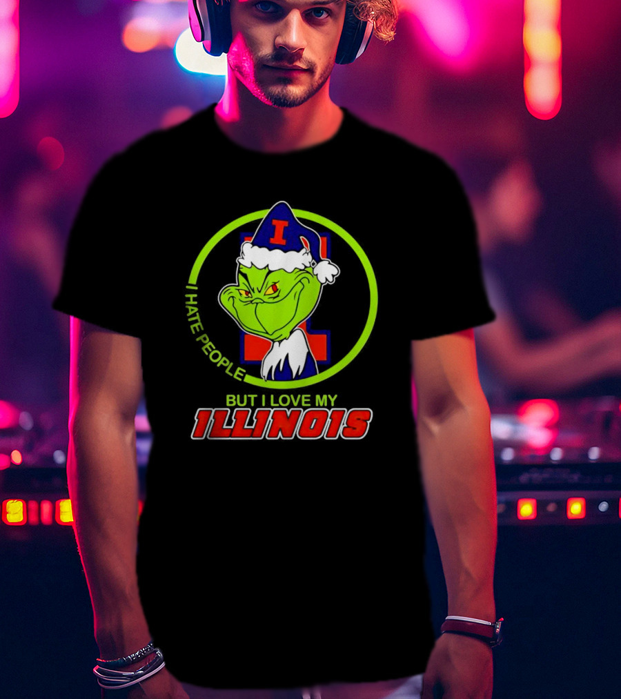 Grinch I Hate People But I Love My Illinois Holiday Spirit T-Shirt