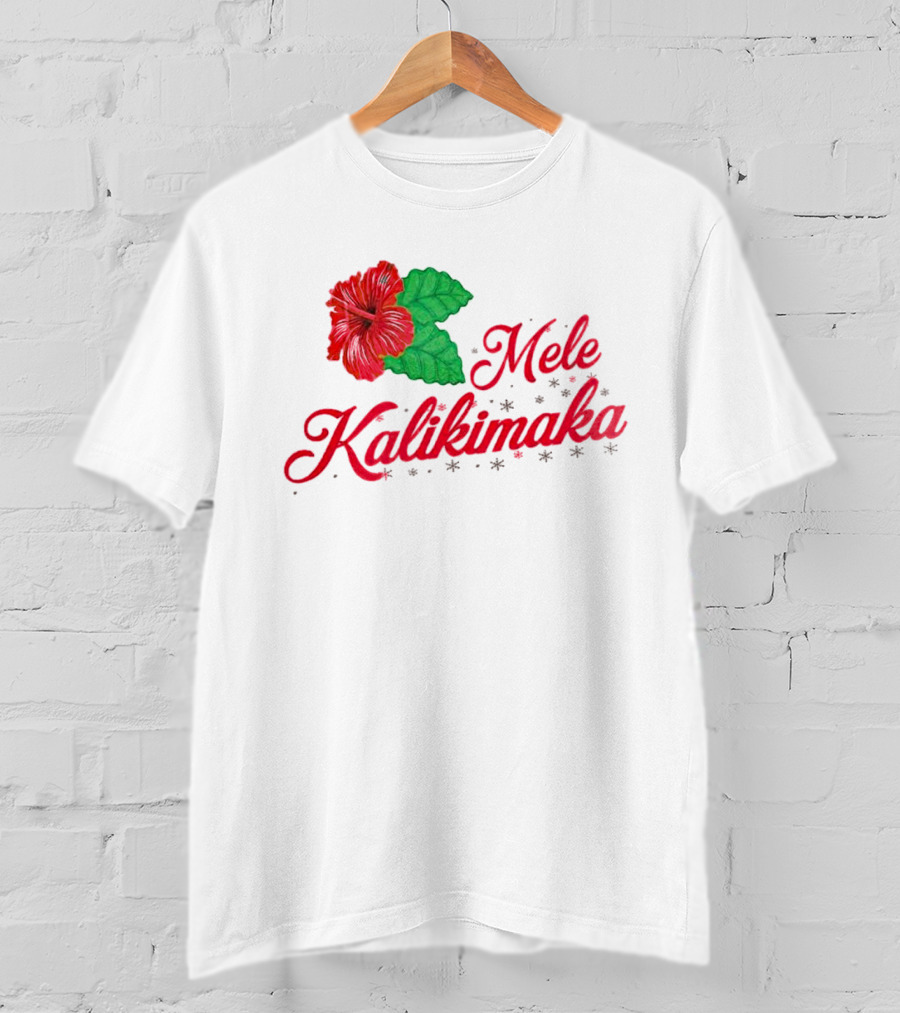 Mele Kalikimaka Red Hibiscus Flower With Green Leaves T-Shirt