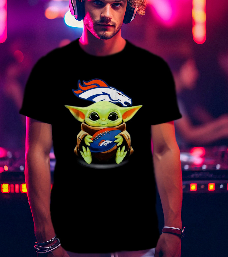 Baby Yoda Hugs Denver Broncos Football T-Shirt