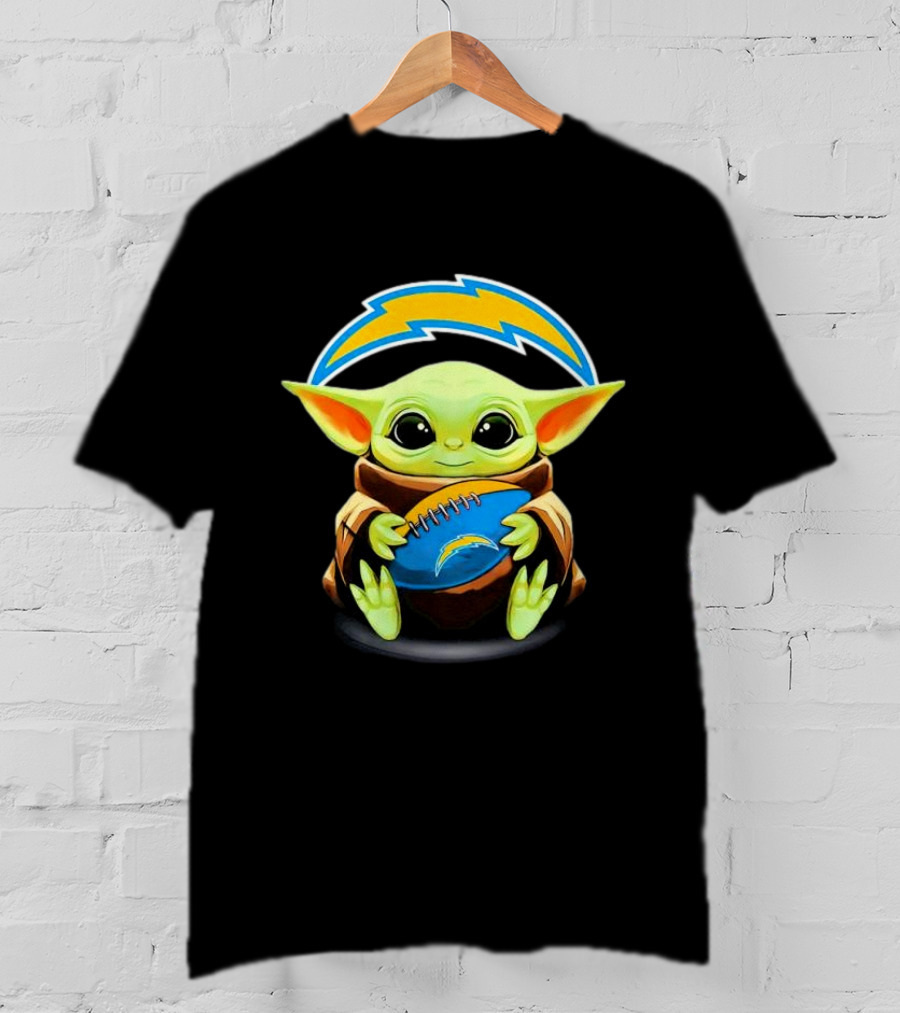 Baby Yoda Holding Los Angeles Chargers Football T-Shirt