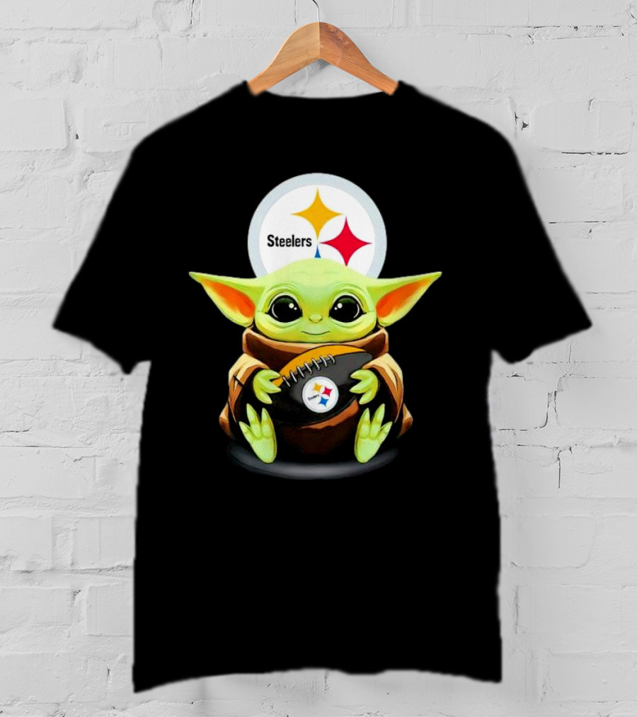 Baby Yoda Holding Pittsburgh Steelers Football T-Shirt