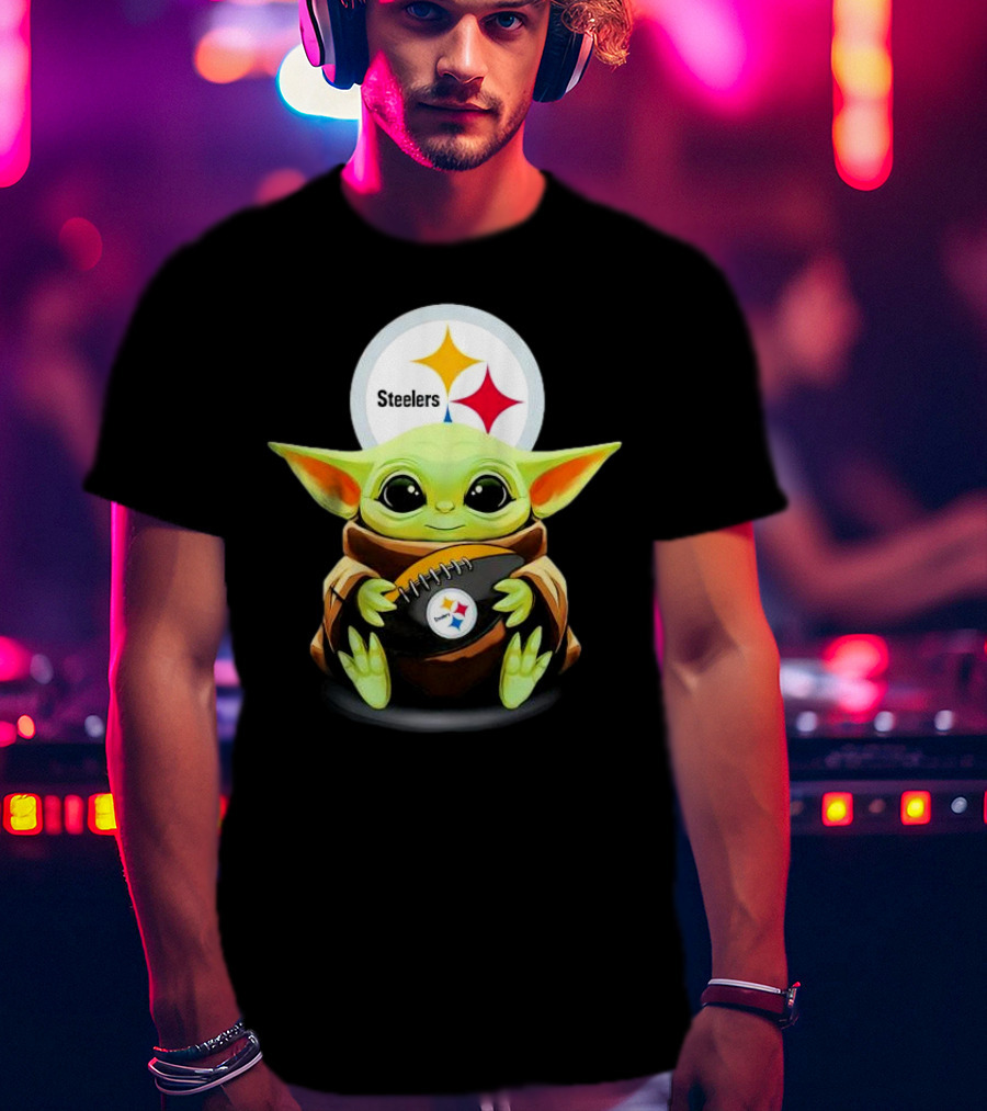 Baby Yoda Holding Pittsburgh Steelers Football T-Shirt