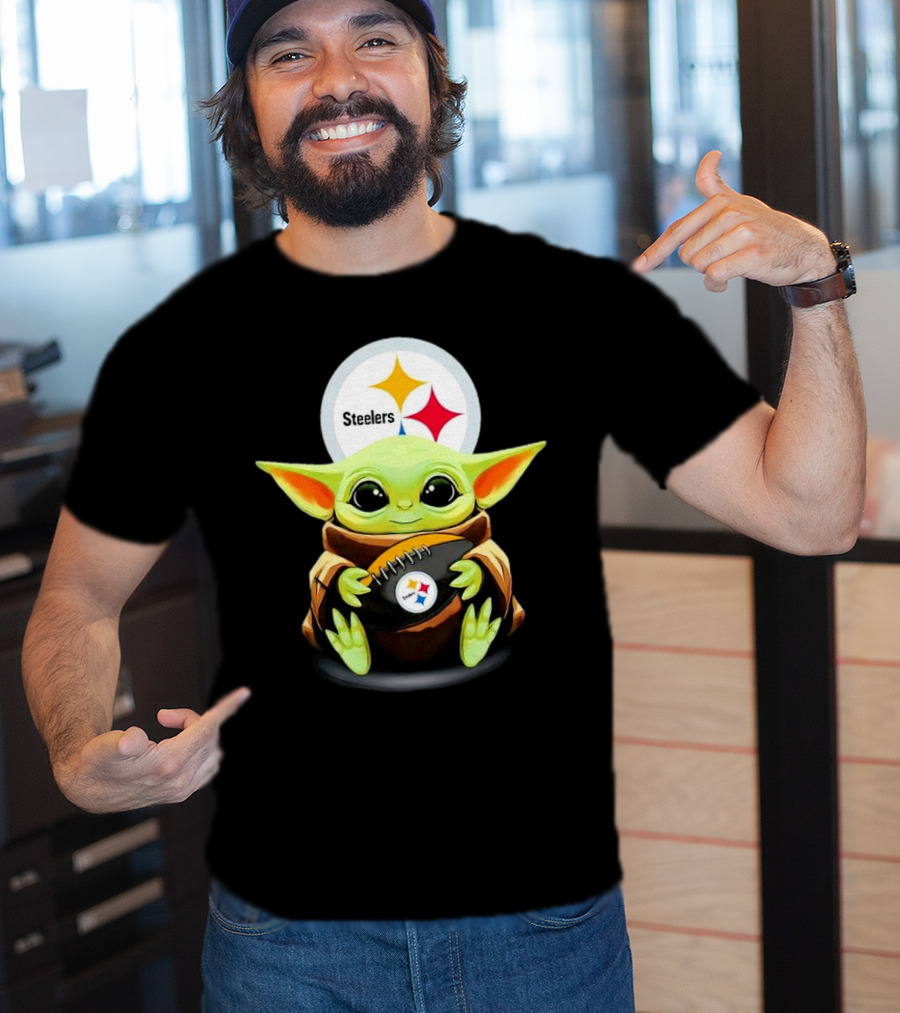 Baby Yoda Holding Pittsburgh Steelers Football T-Shirt