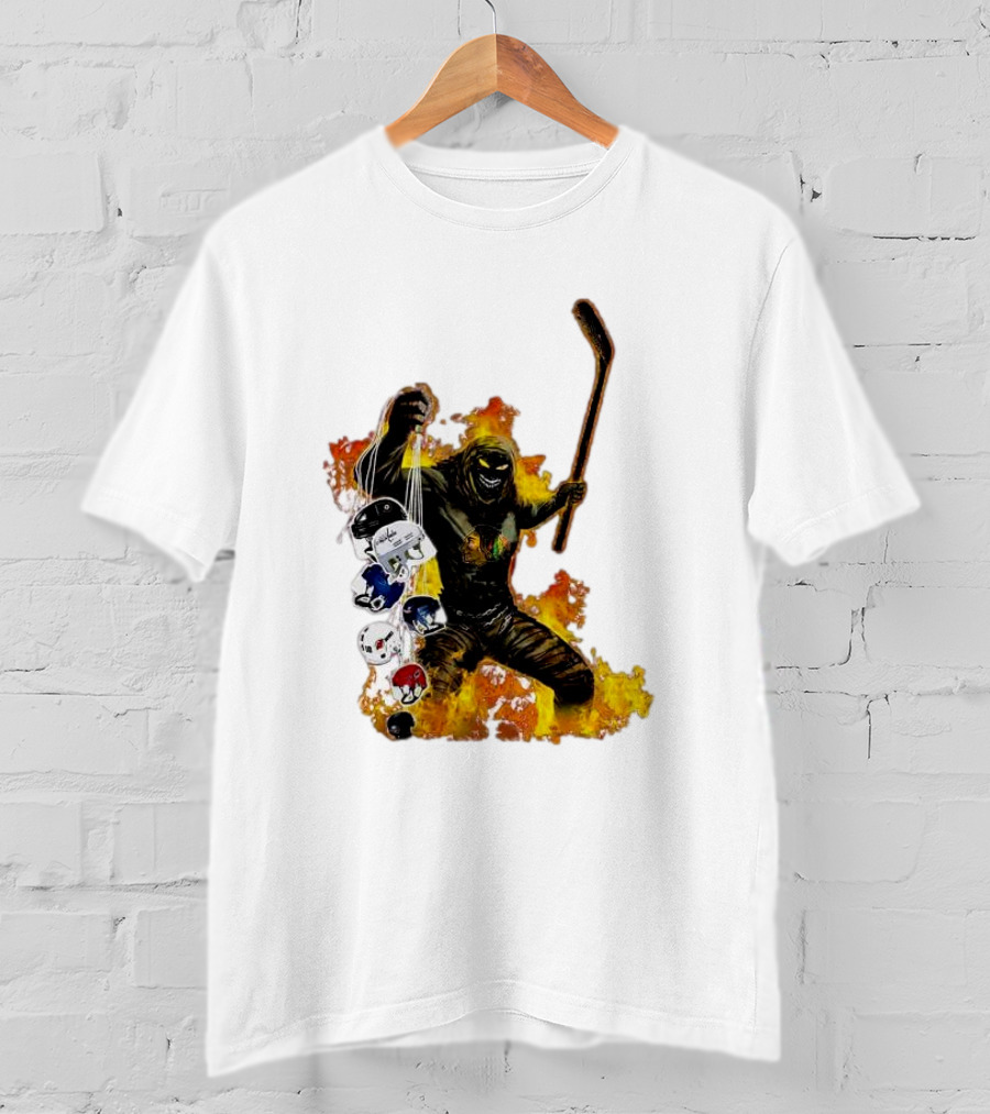 Evil Fire Hockey Player Holding Chicago Blackhawks And NHL Helmets T-Shirt