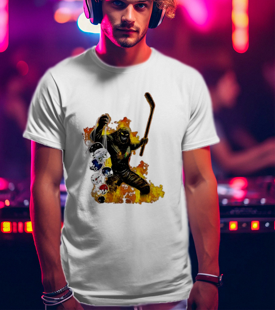 Evil Fire Hockey Player Holding Chicago Blackhawks And NHL Helmets T-Shirt