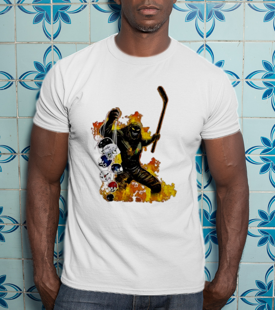 Evil Fire Hockey Player Holding Chicago Blackhawks And NHL Helmets T-Shirt