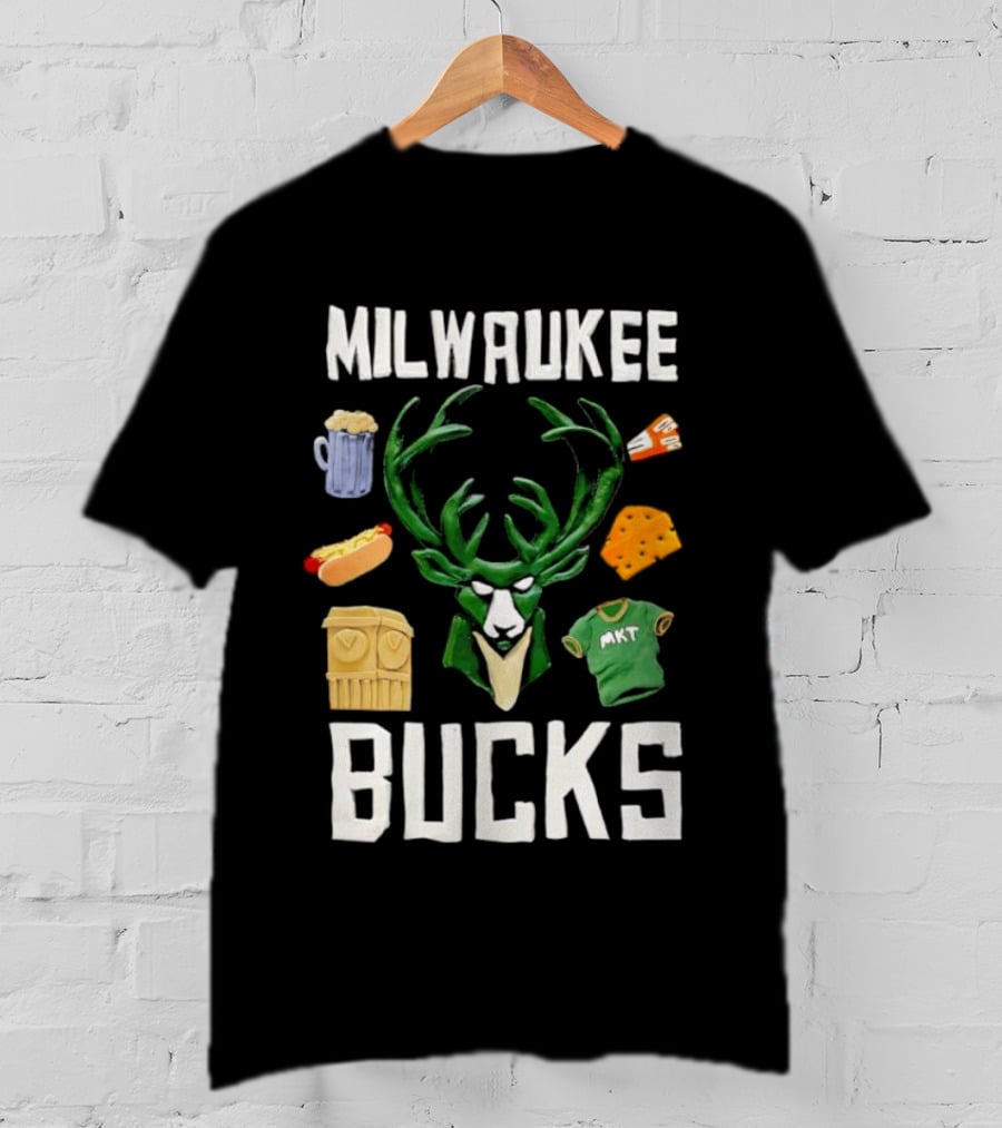 Milwaukee Bucks NBA Market Claymation Deer Cheese Hot Dog Beer T-Shirt