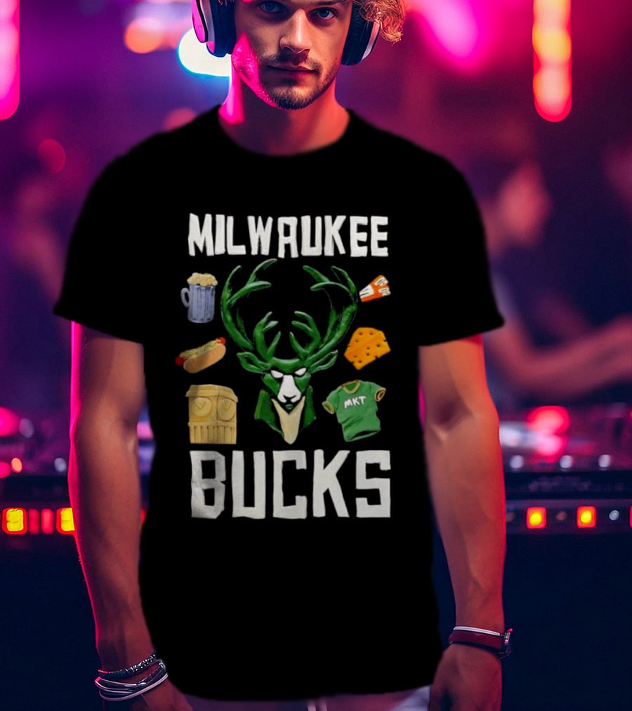 Milwaukee Bucks NBA Market Claymation Deer Cheese Hot Dog Beer T-Shirt