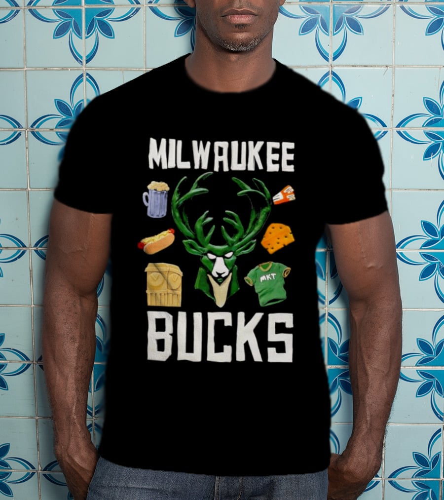 Milwaukee Bucks NBA Market Claymation Deer Cheese Hot Dog Beer T-Shirt