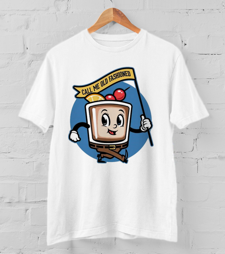 Whiskey Call Me Old Fashioned Cartoon Drink Character With Flag And Cherries T-Shirt