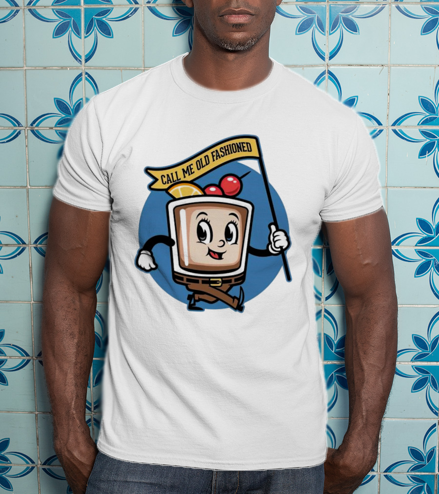 Whiskey Call Me Old Fashioned Cartoon Drink Character With Flag And Cherries T-Shirt