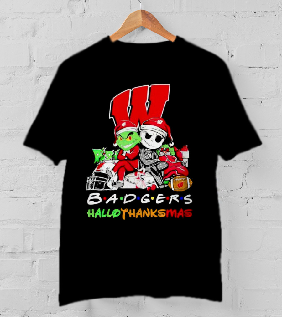 Badgers HalloThanksMas Grinch Jack Skellington Friends Football W T-Shirt