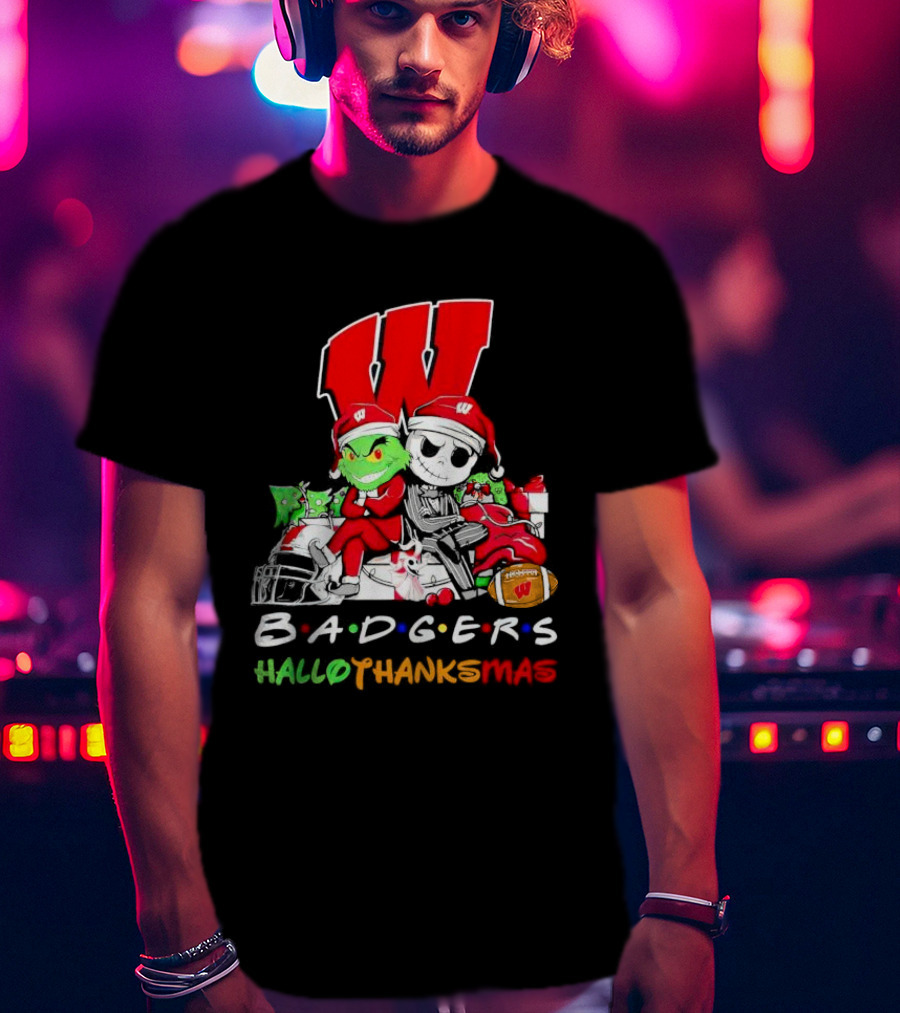 Badgers HalloThanksMas Grinch Jack Skellington Friends Football W T-Shirt