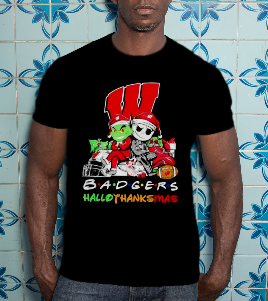 Badgers HalloThanksMas Grinch Jack Skellington Friends Football W T-Shirt