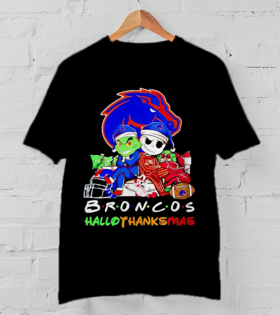 Broncos HalloThanksMas Grinch And Jack Skellington Friends T-Shirt
