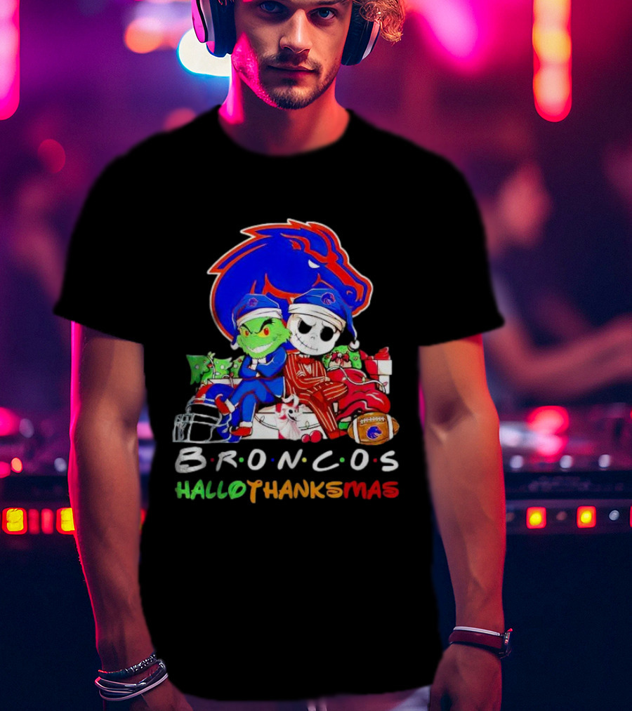 Broncos HalloThanksMas Grinch And Jack Skellington Friends T-Shirt