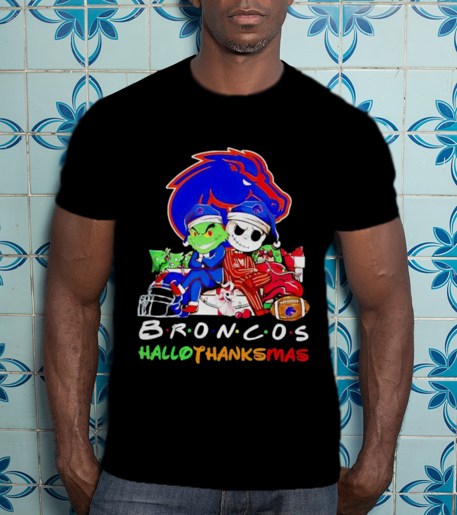 Broncos HalloThanksMas Grinch And Jack Skellington Friends T-Shirt
