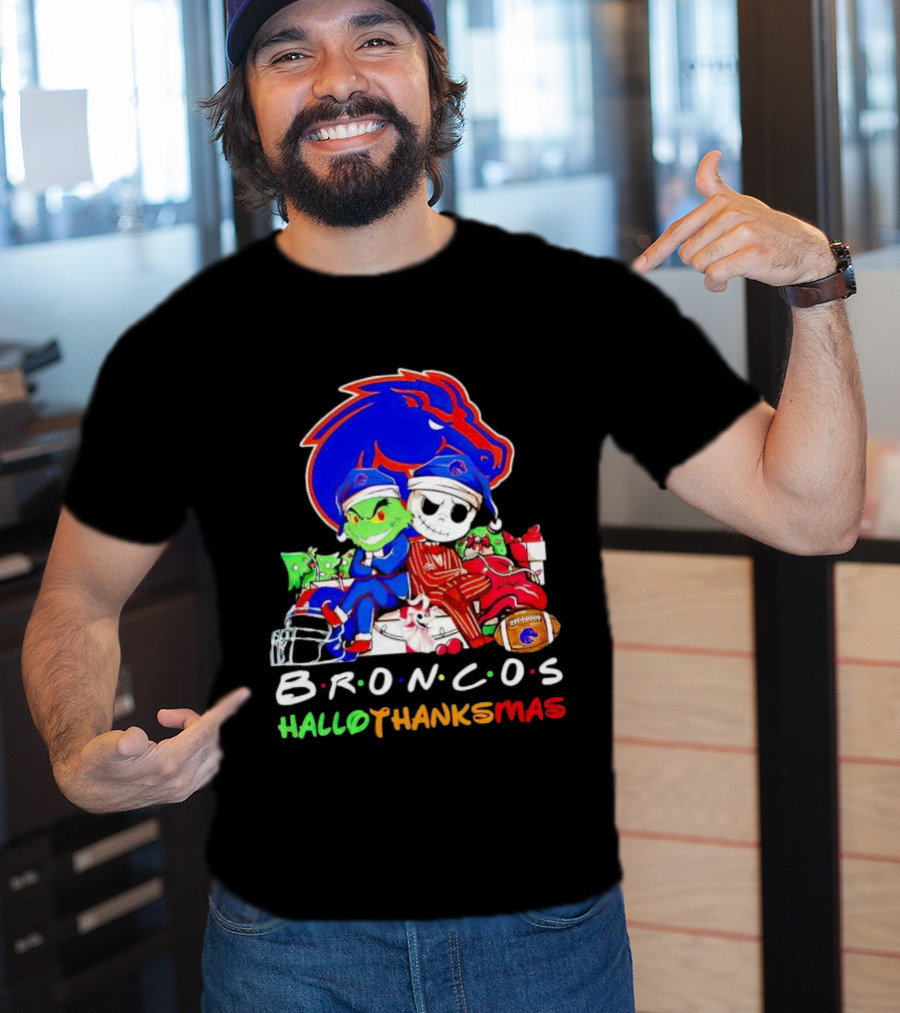 Broncos HalloThanksMas Grinch And Jack Skellington Friends T-Shirt