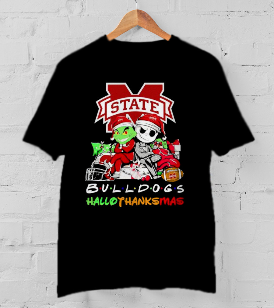 State Bulldogs Grinch And Jack Skellington HalloThanksMas T-Shirt
