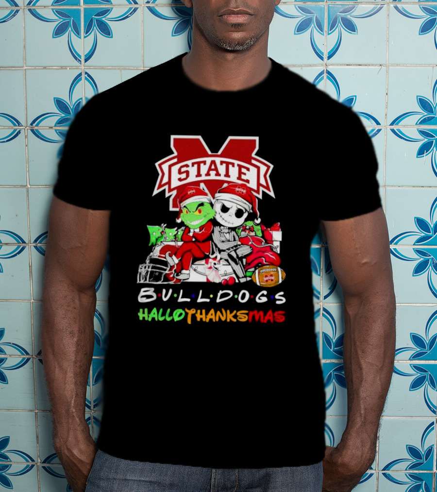 State Bulldogs Grinch And Jack Skellington HalloThanksMas T-Shirt