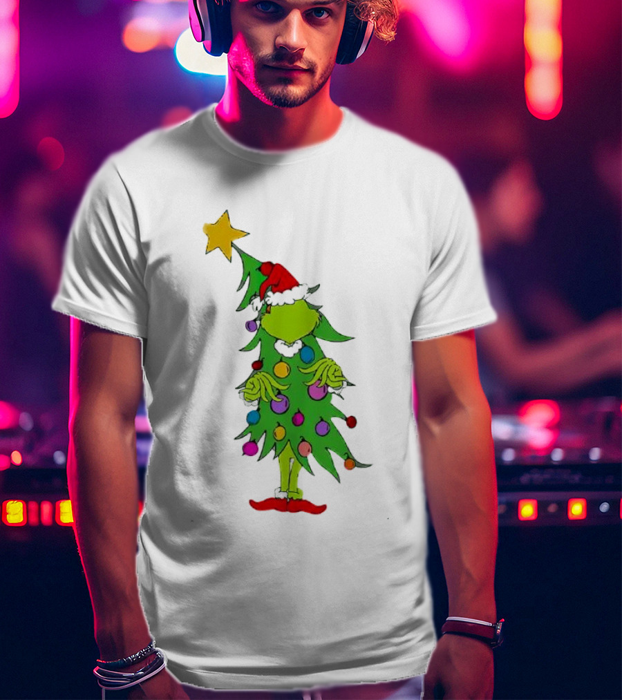 Grinch Christmas Tree Costume With Star And Ornaments T-Shirt