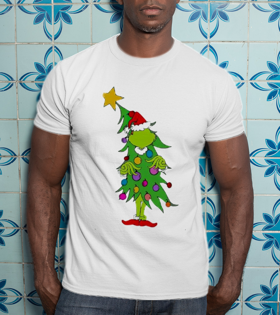 Grinch Christmas Tree Costume With Star And Ornaments T-Shirt