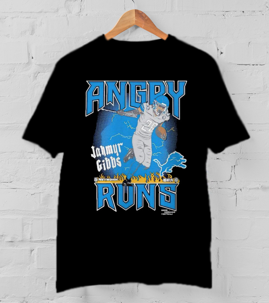 Jahmyr Gibbs Angry Runs Detroit Football Flames And Lion T-Shirt