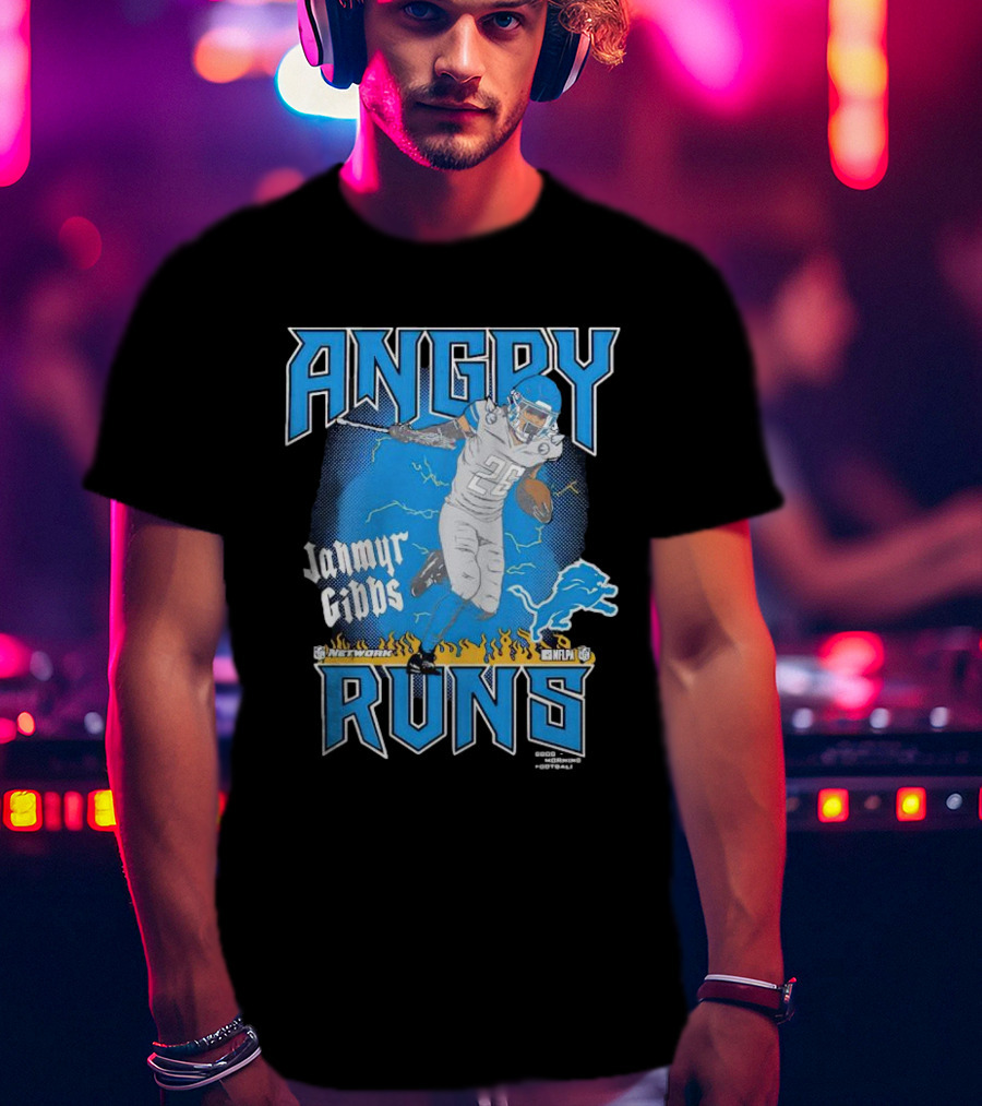 Jahmyr Gibbs Angry Runs Detroit Football Flames And Lion T-Shirt