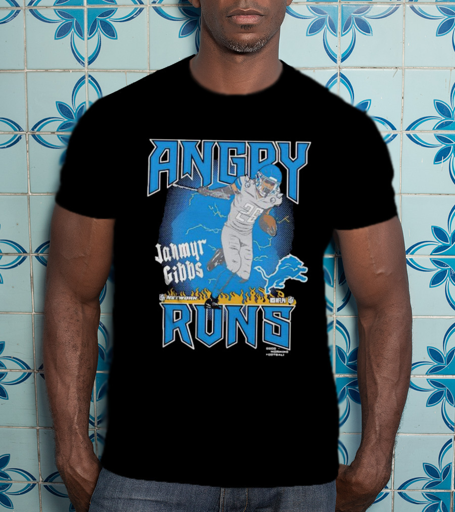 Jahmyr Gibbs Angry Runs Detroit Football Flames And Lion T-Shirt
