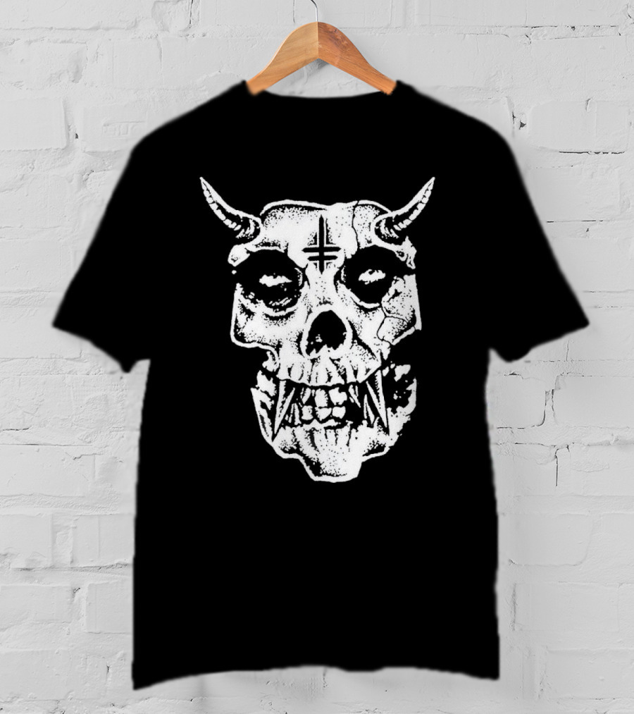 Twitching Tongues Twitchfits Sketched Skull With Horns And Inverted Cross T-Shirt