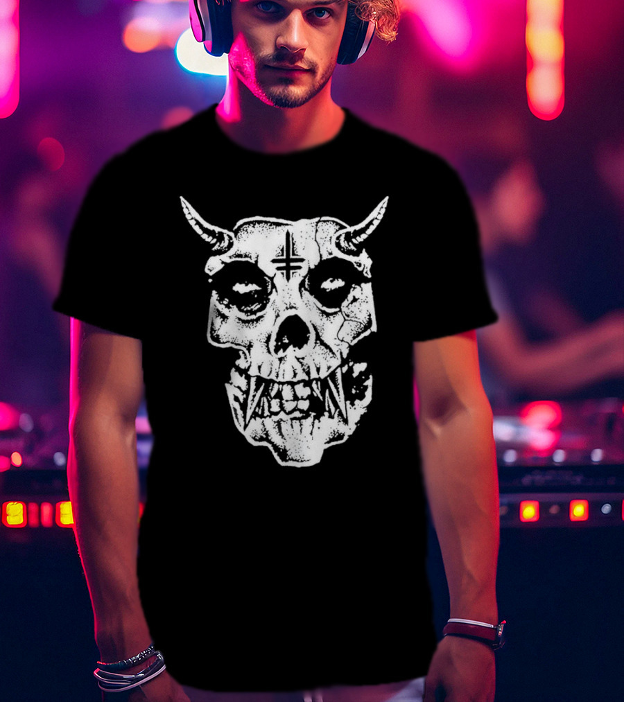 Twitching Tongues Twitchfits Sketched Skull With Horns And Inverted Cross T-Shirt