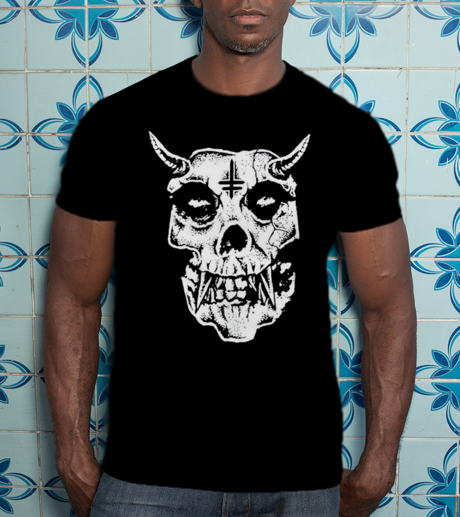 Twitching Tongues Twitchfits Sketched Skull With Horns And Inverted Cross T-Shirt