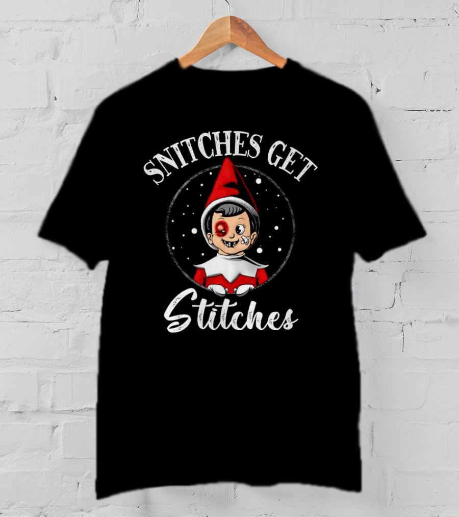 SNITCHES GET STITCHES Elf Red Hat Black Eye Snowflakes T-Shirt