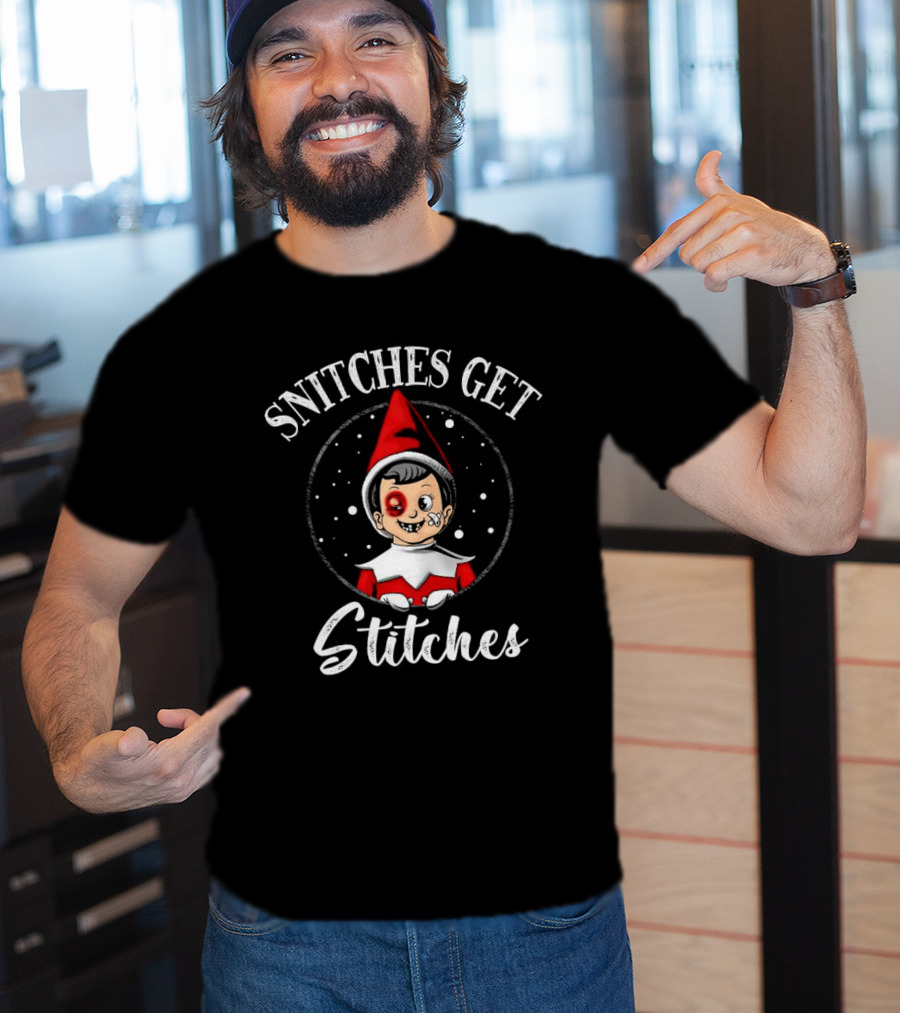 SNITCHES GET STITCHES Elf Red Hat Black Eye Snowflakes T-Shirt