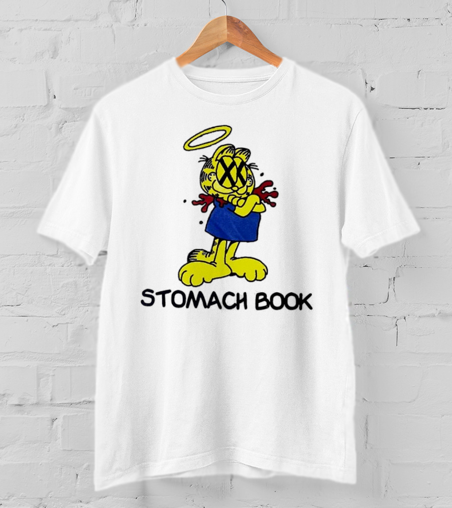 Garfield Stomach Book Angel Halo Yellow X Eyes Blue Red Blood T-Shirt