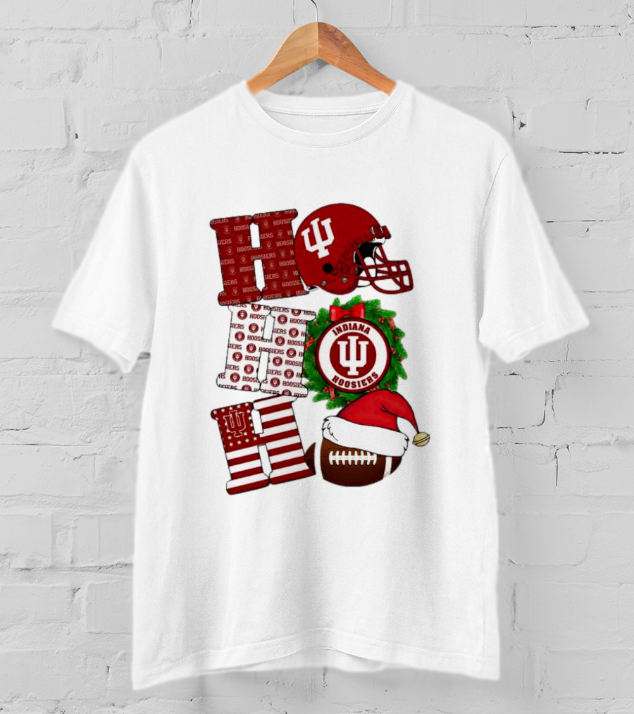 Indiana Hoosiers Christmas Ho Ho Ho Football Helmet Wreath Santa Hat T-Shirt