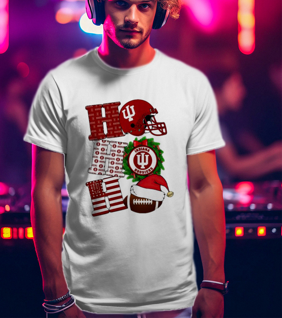 Indiana Hoosiers Christmas Ho Ho Ho Football Helmet Wreath Santa Hat T-Shirt