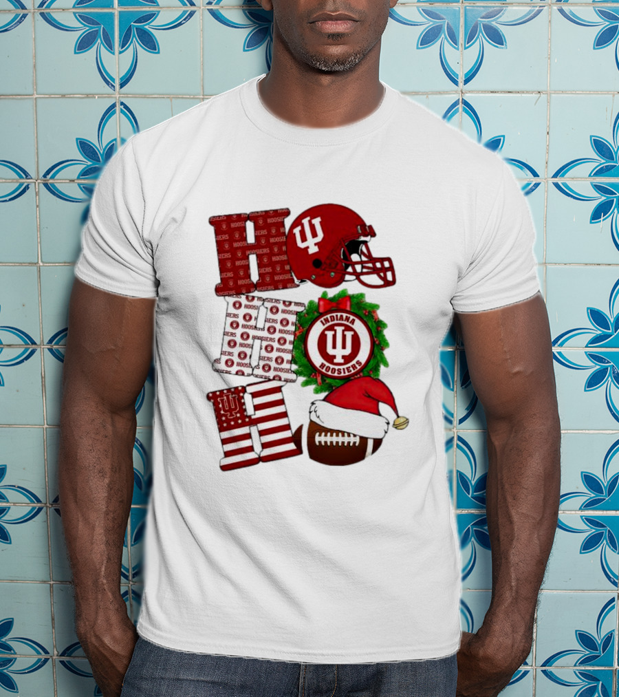 Indiana Hoosiers Christmas Ho Ho Ho Football Helmet Wreath Santa Hat T-Shirt