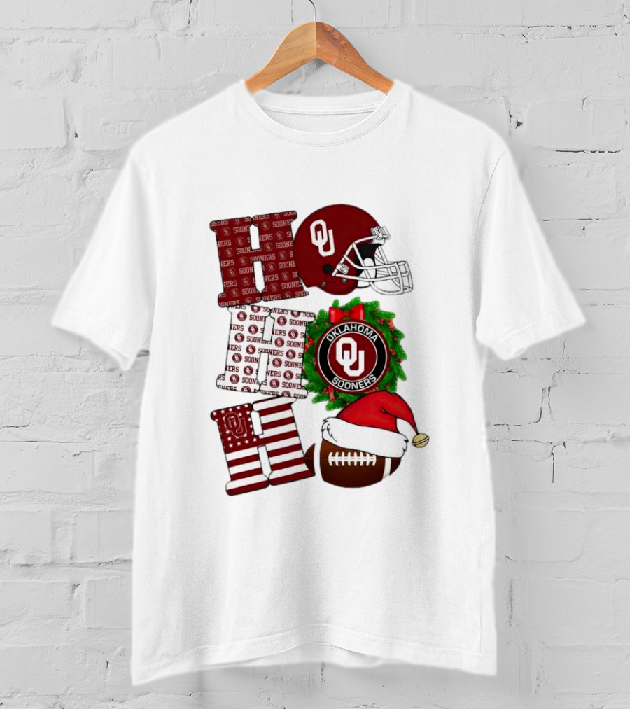 Oklahoma Sooners OU Helmet Wreath Football Santa Ho Ho Ho Christmas T-Shirt
