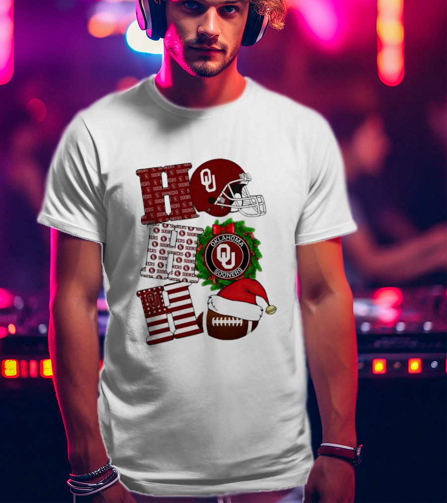 Oklahoma Sooners OU Helmet Wreath Football Santa Ho Ho Ho Christmas T-Shirt
