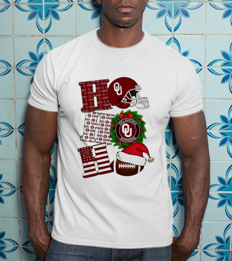 Oklahoma Sooners OU Helmet Wreath Football Santa Ho Ho Ho Christmas T-Shirt